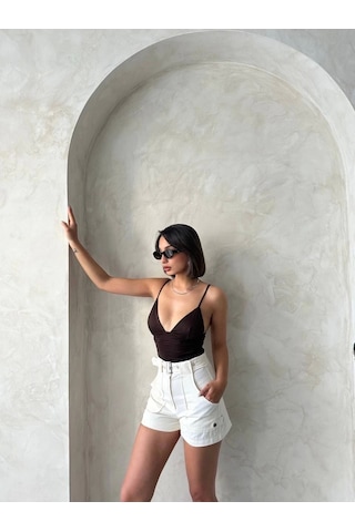 Kazax Kemer Detaylı Gabardin Şort Krem S25289 Krem