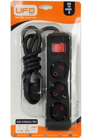 Ufo 3'lü Siyah Anahtar Akım Korumalı Grup Priz 1.5 Mt Şok Korumalı Priz 1 - 3 M