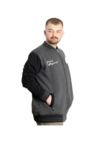 Mode Xl Büyük Beden Erkek Kolej Mont Fermuarlı Nakışlı Ceket 23633 Antramelanj Antrasit