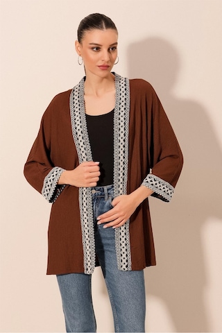 Bigdart 5866 Nakışlı Örme Kimono - Kahverengi 001
