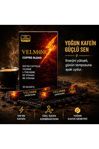 Velmor Coffee Blend Yüksek Kafeinli Kahve Karışımı Taurine, L-theanine Ve Vitamin Destekli 30 Sachet Granül