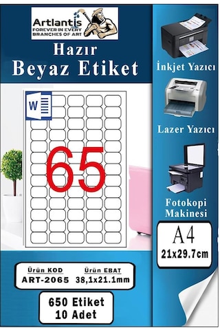 A4 Hazır Etiket 38.1x21.2 Mm 10 Sayfa 1 Paket 65 Li Kendinden Yapışkanlı Fotokopi Lazer İnkjet Kağıdı Yazıcılar İçin Uyumlu