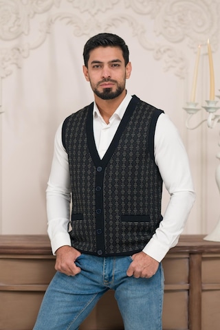 Woolen World Regular Fit Ön Cepli Desenli Kolsuz Erkek Triko Yelek Lacivert