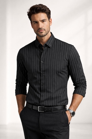 Classics Men Jet Polo Uzun Kol Slim Fit Erkek Çizgili Gömlek - 7574 Siyah