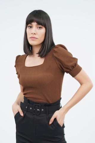 Gabria Kadın Kare Yaka Örme Bluz Kahve (538124459) Kahverengi