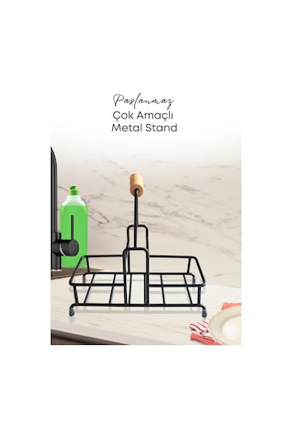 Grimorlife 2 Bölmeli Çok Amaçlı Ahşap Kulplu Metal Stand Düzenleyici Organizer- Sıvı Sabunluk- Yağdanlık Standı Siyah