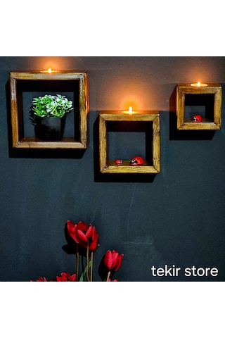 İç İçe Geçmeli 3'lü Duvara Asılabilir Mumluk Ceviz Rengi