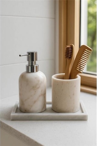Akayev Mermer Beyaz 3 Parça Gümüş Banyo Seti Mutfak Sıvı Sabunluk Seti Beyaz