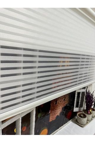 Çizgili Çift Mekanizmalı Tül Ve Stor Perde - Model 1 Beyaz