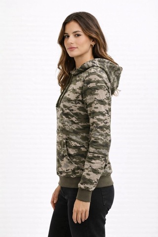 Primemagazam Kadın Kamuflaj Desenli 2 İplik 4 Mevsim Kapüşonlu Kanguru Cepli Hoodie Sweatshirt - Kamuflaj Çeşitli