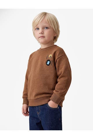 Koton Hayvan Baskılı Şardonlu Bisiklet Yaka Uzun Kollu Sweatshirt Kahverengi 7wmb10118tk Kahve