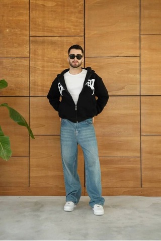 Vexor Erkek Kapüşonlu 3 İplik Şardonlu Önü Baskılı Fermuarlı Oversize Sweatshirt - Siyah 4118168