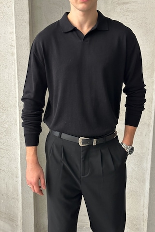 Erkek Pamuklu Polo Yaka Oversize Triko Kazak Siyah