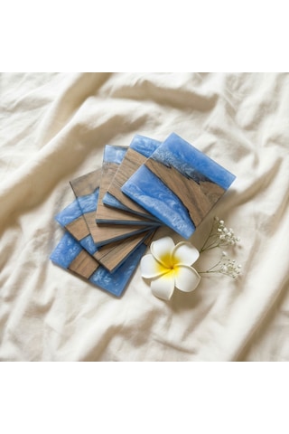 Ceviz & Turkuaz River Epoksi Bardak Altlığı Seti 6 Lı, El Yapımı Ceviz Ahşap, 12x12 Cm, Modern & Şık Tasarım Turkuaz