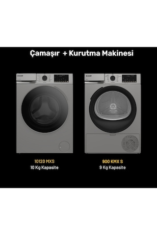 Arçelik 10120 MXS 10 KG Çamaşır Makinesi - 900 KMX S 9 KG Kurutma Makinesi Seti 2'li Gri