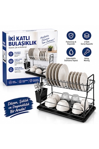 Siyah - Metal 2 Katlı Tabaklık - Bulaşıklık 5492 Çr