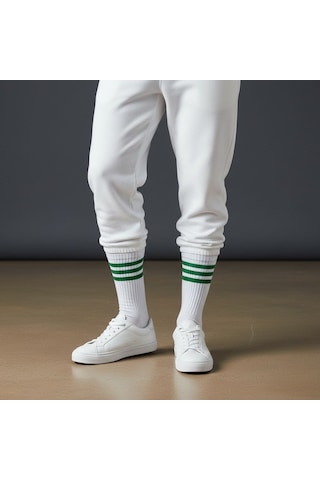Plus Scorpion Beyaz Çizgili Tenis Çorabı Unisex Pamuklu, Uzun Spor Çorabı Beyaz