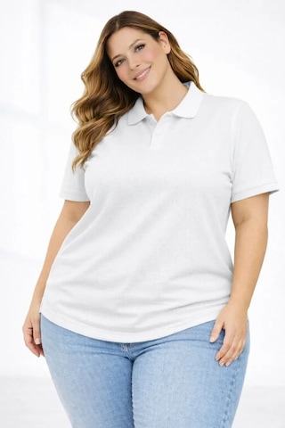 Buğrahayalin Pike Kumaş Düğmeli Yaka Battal Büyük Beden Günlük Kısa Kol Tişört T-shirt - Beyaz Beyaz