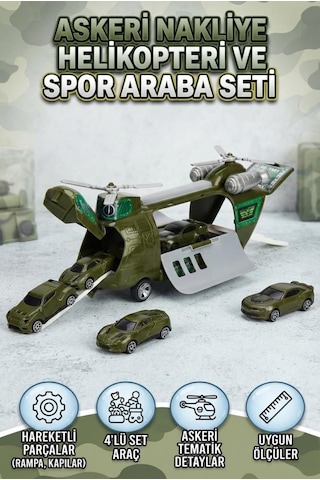 Askeri Nakliye Helikopteri Ve Spor Araba Seti 4'lü Araç Hediyeli Hareketli Rampalı Oyuncak Seti