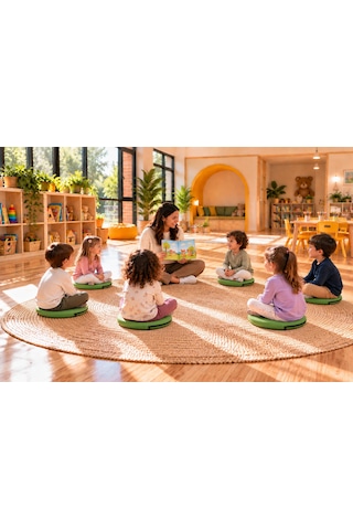 Kreş Anaokulu Yuvarlak Oyun Minderi Aktivite Minderi 40x40x5 Cm - Sandalye Minderi - Bahçe Dekor Minderi Yuvarlak Minder Yeşil