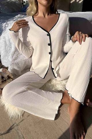 Merry See Özel Örme Kumaş Düğmeli Uzun Kollu Pijama Takımı Beyaz