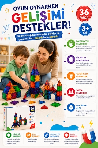 36 Parça Manyetik Blok Seti Çocuk Eğitici Manyetik Yapı Oyuncağı Zeka Geliştirici Yapı Blokları 3 Yaş Ve Üzeri