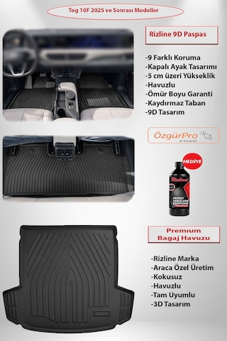 Rizline Premium Tog T10f 2025 Ve Sonrası 9d Havuzlu Paspas Ve Premıum Bagaj Havuzu Kokusuz