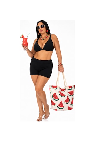 Büyük Beden Kalın Askılı Sabit Pedli Kadın Şortlu Bikini Takım Siyah