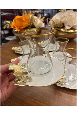 Çnr Home Collection 6' Lı Porselen Tabakli Paşabahçe Bardakli Kelebek Detayli Çay Seti Gold