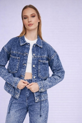 Özel Koleksiyon Bağlama Detaylı Denim Ceket Ag-3006 Koyu Mavi