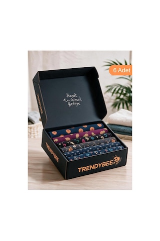 Trendybee Erkek Boxer Renkli Desenli 6'lı Paket Pamuk Penye Kumaş Özel Kutulu Battal Boy Seçenekli Dantelli Dantelli