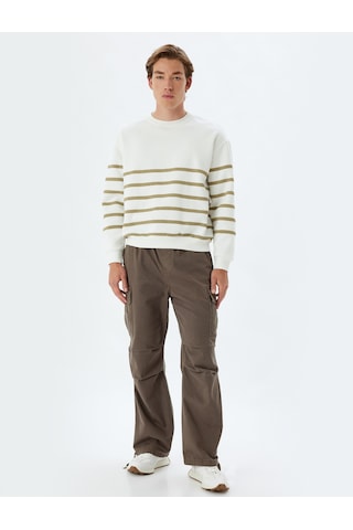 Koton Oversize Sweatshirt Bisiklet Yaka Çizgili Pamuk Karışımlı Bej Çizgili 5wam70105mk Ekru