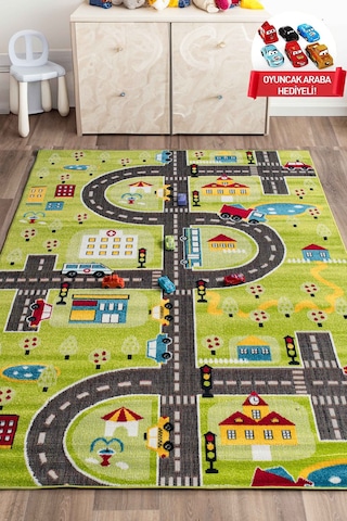 Konfor Halı 3 Boyutlu Yeşil Trafik Arabalı Dokuma Çocuk Oyun Halısı Yeşil
