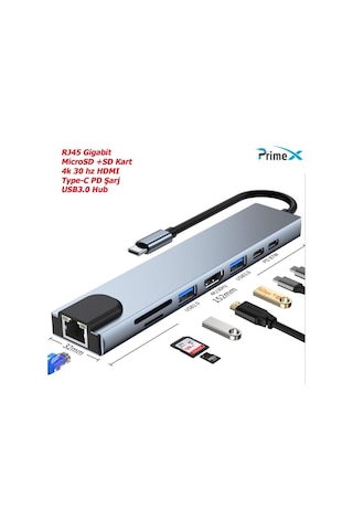 Primex Px-U520 4K@30Hz Gri Metal Type-C To 4K Hdmı+Usb 3.0+Rj45+S