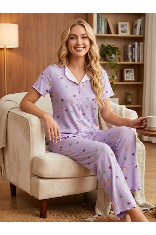 Kadın Kısa Kollu Yumuşak Tuşe Yazlık Likralı Kaşkorse Kumaş Pijama Takım Lila