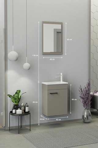 Biani Fix Arya Mini 42 Cm Banyo Dolabı,Seramik Lavabolu, Aynalı,Lavabo Dahil,Mdf,Latte