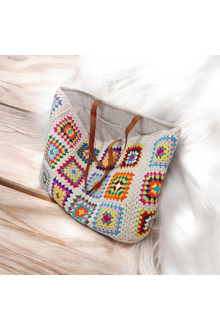 Embahandmde Renkli El Örgüsü Xl Plaj Çantası Astarlı Büyük Boho Tote Bag Yazlık Kadın Omuz Çantası Açık Bej
