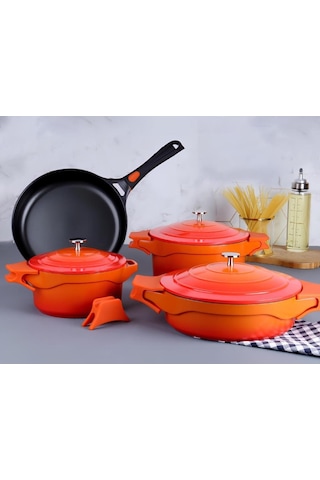 Arow Pink More 7 Parça Döküm Tencere Seti Turuncu Pm-0069