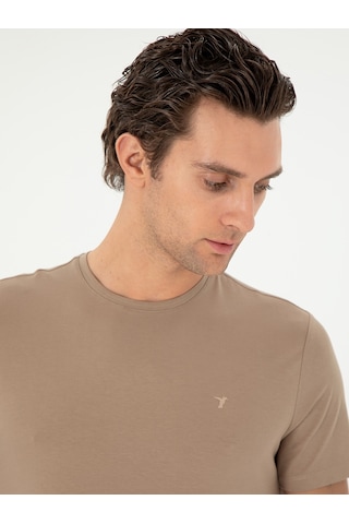 Vizon Slim Fit Bisiklet Yaka Merserize Basic T-shirt Kahverengi