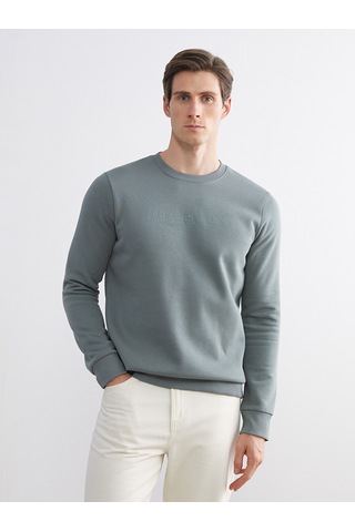 Lcwaıkıkı Classic Yeşil Standart Kalıp Bisiklet Yaka Baskılı Erkek Kalın Sweatshirt