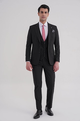 Efor Slim Fit Çift Yırtmaç Ekoseli Esnek Yünlü Yelekli Klasik Siyah Takım Elbise Tk 934 Siyah