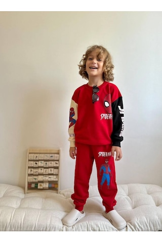 Jolly Kids Erkek Çocuk Karakter Baskılı Blok Renkli Sweatshirt Takım Kırmızı