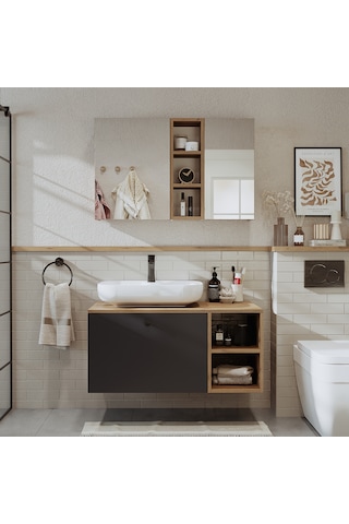 Lavabolu Mdf 95 Cm Lotus Oval Lavabolu Banyo Atlantik Çam - Antrasit