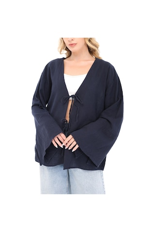 Blayn Jeans Blayn Kadın Keten Kimono Oversize Rahat Kalıp Yazlık Uzun Kollu Kimono Lacivert