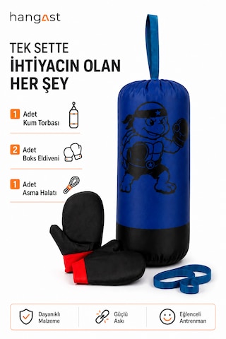 Çocuk Boks Seti Panda Desenli Asılabilir Boks Torbası Eldivenli Mavi