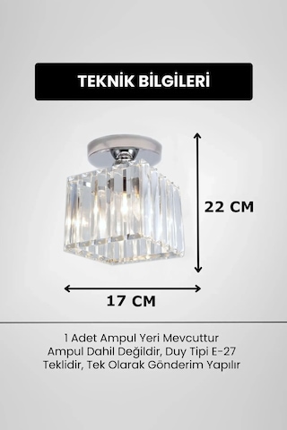 Meriva Model Modern Luxury Plafonyer Oda Hol Antre Koridor Salon Krom Kare Kristal Taşlı Avize Krom
