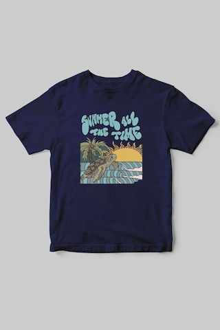 Yaz Zamanı Summer Time Caretta Caretta Deniz Kum Güneş Baskılı Regular Fit %100 Pamuk T-shirt Lacivert