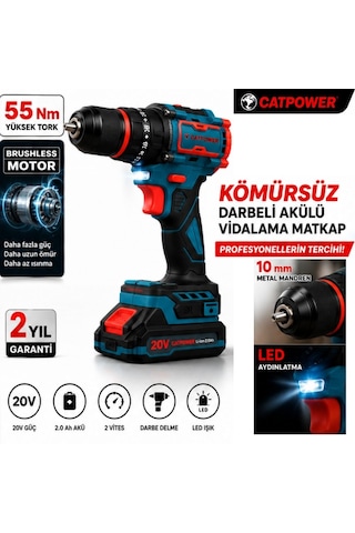 Catpower 1050 Kömürsüz Darbeli Şarjlı Matkap Vidalama 20v 2.0ah 55 Nm Brushless Çift Akülü 70 Parça Set