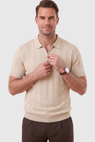 Deepsea Erkek Fermuarlı Polo Yaka Çizgi Dokulu Bej Triko Tişört Regular Fit Yumuşak Dokulu 2608007