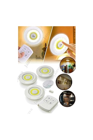 Uzaktan Kumandalı 3 Lü Spot Led Lamba Kablosuz Pilli Işıldak Dolap Işığı Mutfak Rafı Işığı Beyaz